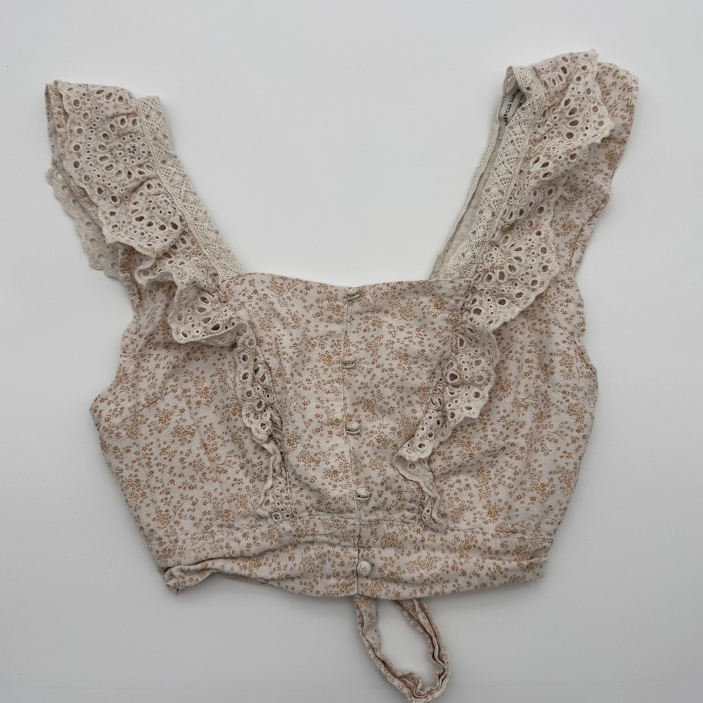 American Eagle Floral Ruffle Button Front Crop Top‎ Cream Size M